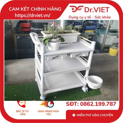 Xe đẩy dụng cụ tiêm nhựa ABS Loại 2 tầng cỡ lớn, 2 hộc kéo, 1 chậu (L)