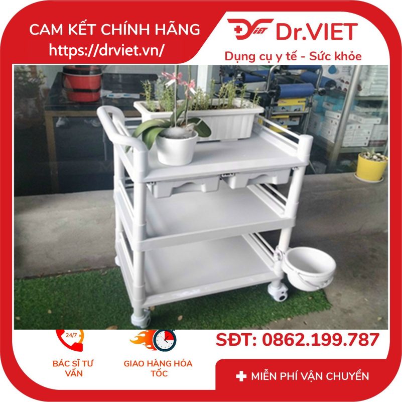 Xe đẩy dụng cụ tiêm nhựa ABS Loại 2 tầng cỡ lớn, 2 hộc kéo, 1 chậu (L)