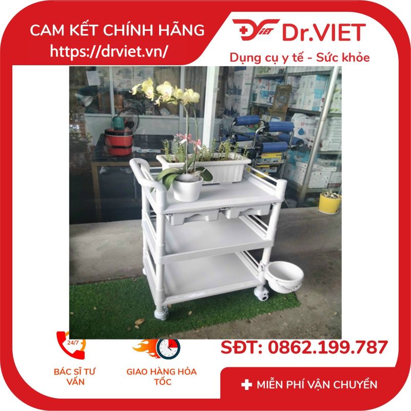 Xe đẩy dụng cụ tiêm nhựa ABS TJM-DC03(H2L) Loại 3 tầng cỡ lớn, 2 hộc kéo, 1 chậu size L