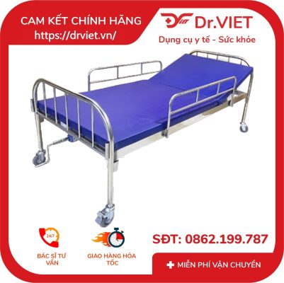 Giường inox 1 tay quay có nệm thanh chắn và bánh xe Đức Cường