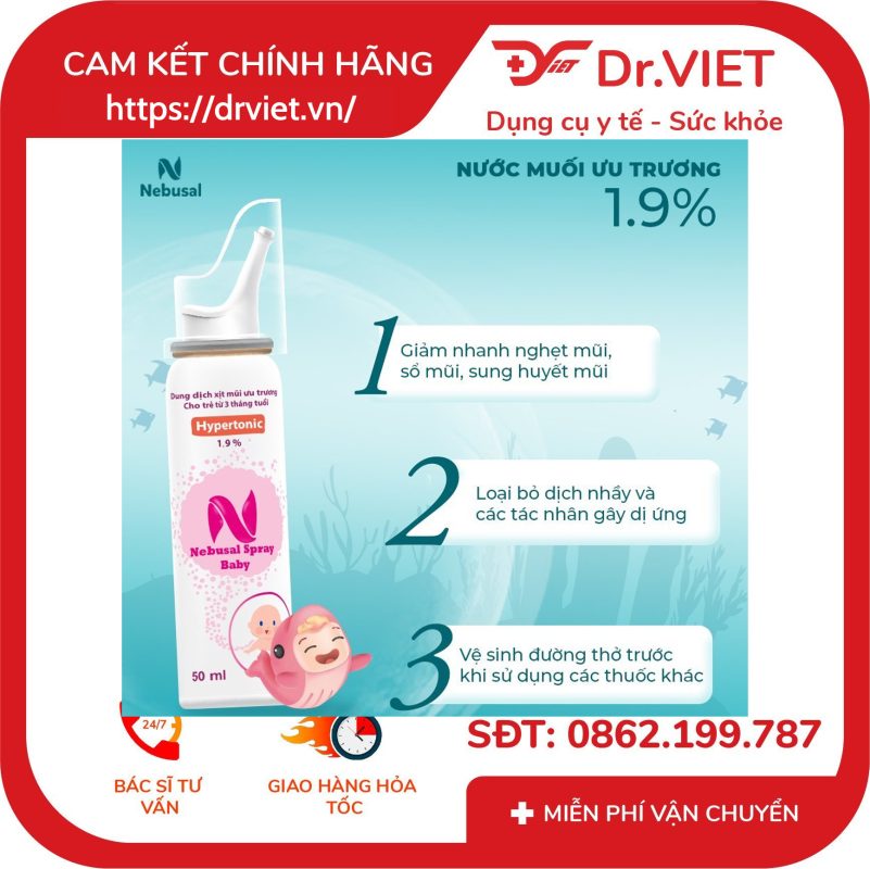 Xịt mũi Nebusal spray Baby 1.9% hỗ trợ điều trị nghẹt mũi