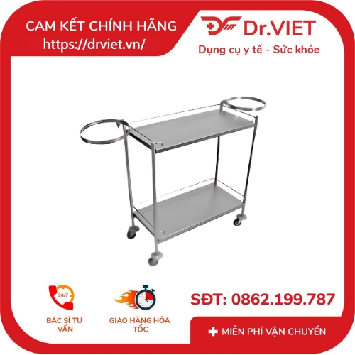 Xe đẩy y tế inox 35x50, 2 tầng, 2 vòng thau DCG28 Đức Cường