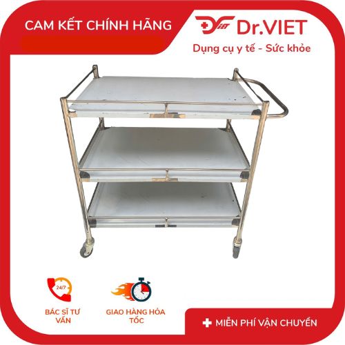 Xe đẩy Inox Drviet - 50x80 -3 tầng - Không Hộc - Có tay đẩy