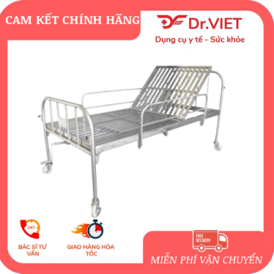 Giường y tế inox 1,2 mét vạc hộp kín, thiết kế 1 tay quay, có thanh chắn & bánh xe linh hoạt. Lựa chọn đa dạng: có bô hoặc không bô. Độ bền cao, dễ vệ sinh, thích hợp bệnh viện & chăm sóc tại nhà.