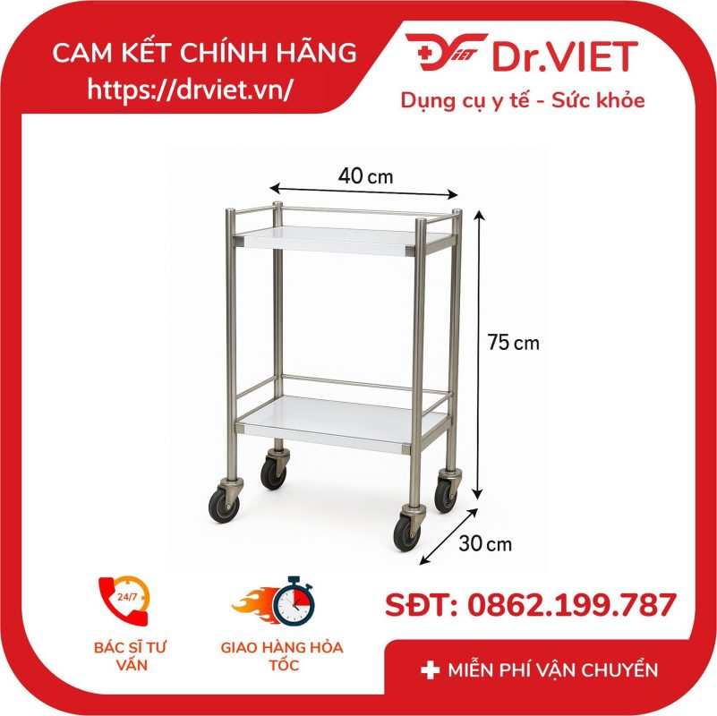Xe đẩy dụng cụ inox 2 tầng 40x60 Đức Cường DCG33