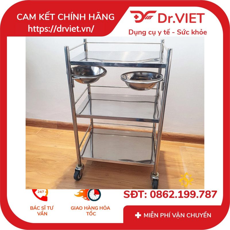 Xe đẩy inox 30x40 3 tầng 2 vòng thau DCG25