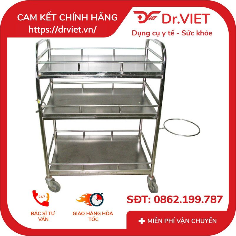 Xe đẩy Inox 35*50 3 tầng 1 vòng thau DCG30 Đức Cường
