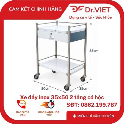Xe đẩy inox 35x50 2 tầng có hộc
